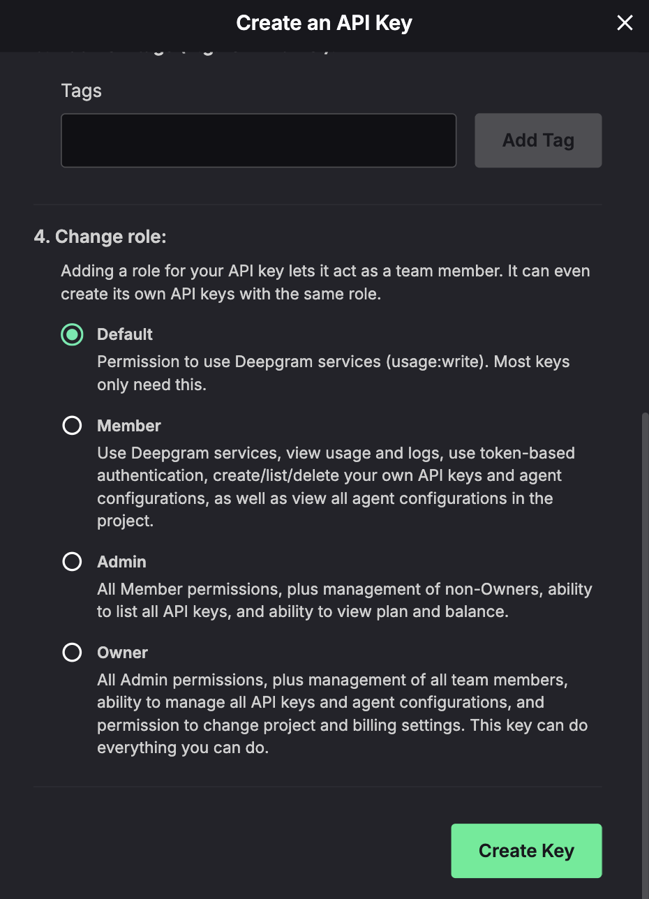 Creating a new API key in the Deepgram Console